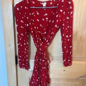 Billabong Red Wrap Dress with White Floral Design and Ruffled Hem